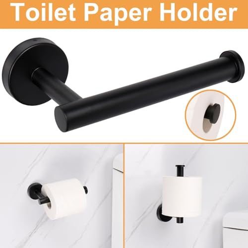 Image of JIALTO 5-Piece Bathroom Towel Holder | Towel Rod | Toilet Roll Stand | Wall Mounted Bathroom Fittings Full Set - 16 Inch Hand Towel Bar | Toilet Paper Holder | Adhesive Hooks(Black, 5 - Pieces Set)
