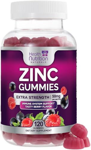 Zinc Gummies 50mg per Serving - Extra Strength Immune Support Antioxidant Gummy Non-GMO & Gluten Free - Best Zinc Supplement for Skin Bone & Heart Health - Chewable Tasty Berry Flavor - 120 Gummies