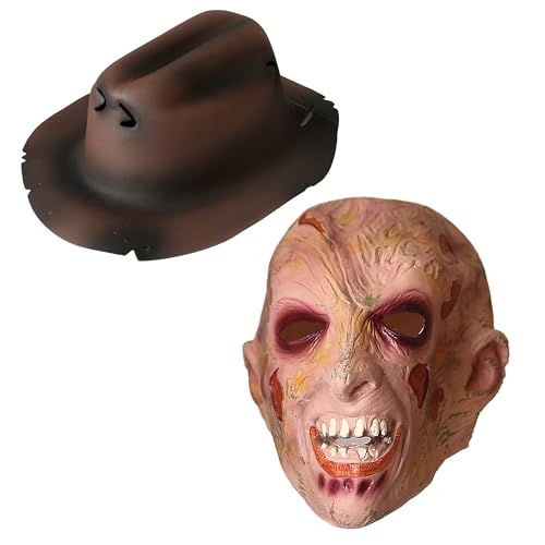 Máscara freddy látex rostro quemado krueger, cabeza completa, dientes amarillos, Halloween cosplay adulto unisex, talla única, orificios visión y respiración (Máscara+Gorro Latex, Talla única)