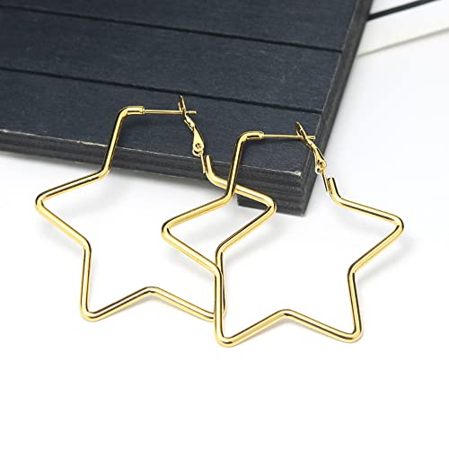 Dainty Star 14K Gold Plated Silver Black Big Large Hoop Earrings for Women Sensitive Ears Fashion Hollow Stars Geometric Huggie Hypoallergenic Hoops 2 Inch Minimalist Hooped Gifts Bff Birthday Xmas Party 50mm (gold) by NewZenro - Image 2