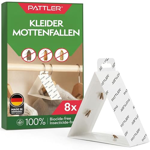 PATTLER Mottenfalle Kleidermotten mit Pheromon 8er Set. Kleidermottenfalle für Kleiderschrank und Aufbewahrung unterstützt die frühzeitige Erkennung und Kontrolle von Kleidermotten.