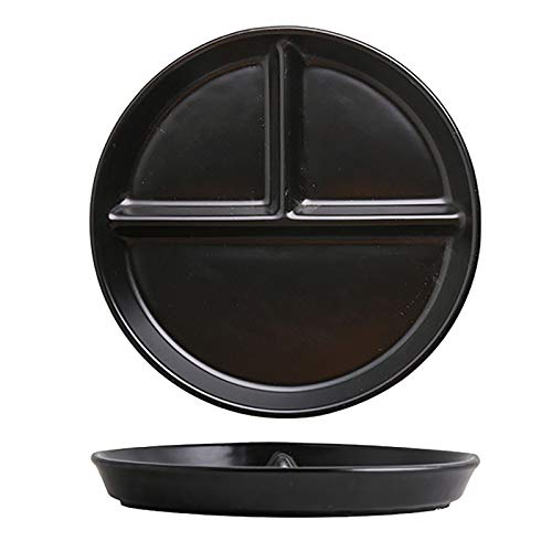 TIANTIAN Assiette à grille en céramique pour la maison, trois compartiments, assiette à petit-déjeuner pour une personne, assiette à fruits, assiette à dîner en céramique noire Cover