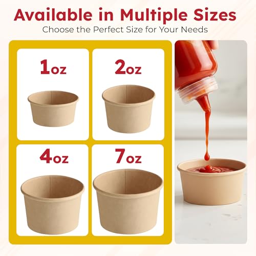 CHEF ROYALE 100x 4oz Sauce Pots - Kraft Small Pots Round Containers Ideal for Ketchup, Chutney, Dips and Sauces (120ml) (100, Kraft, 4oz) - Image 2