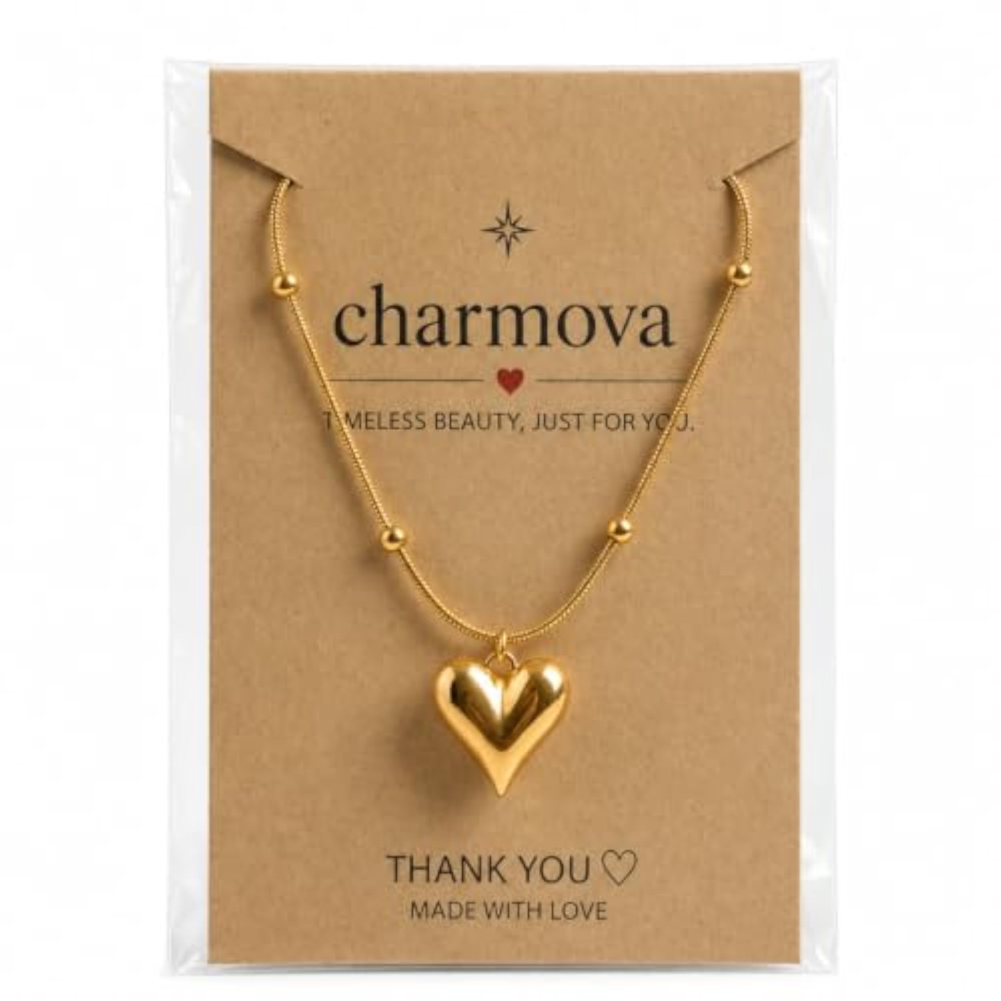 Women's Gold Plated Heart Pendant Necklace with Delicate Beaded Chain