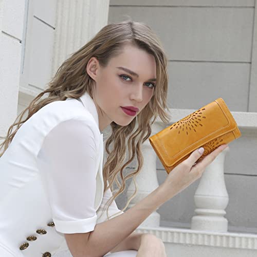 Image of APHISON Womens Wallets RFID Blocking Leather Clutch Long Wallet for Women Card Holder Phone Organizer Ladies Travel Purse Hollow Out Sunflower Design Gift, DARK-YELLOW, S, Rfid Wallet