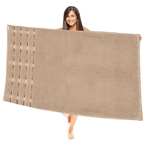 Image of Elegant Comfort 100% Turkish Cotton 4 Lines Viscose Stripe Jumbo Bath Towel - Hotel Spa Quality Extra Large 35 x 70 Inch Bath Towel Ultra Soft, Super Absorbent Quick Dry Large Bath Towel, Taupe