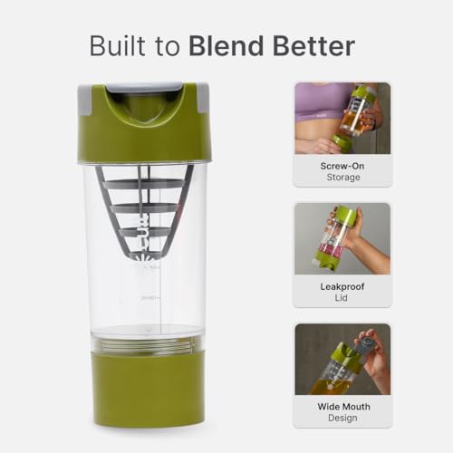 Image of CULT Cyclone Shaker Bottle 500ml with Storage Compartment & Mixer Ball | Shaker for Gym & Leakproof Protein Sipper for Men & Women | Workout Supplement Bottle (Olive Grey)