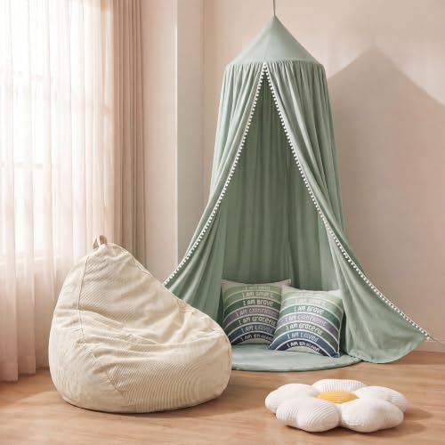 Image of 5 Pcs Kids Reading Corner Set Reading Nook Bean Bag Chair Cover with Canopy Tent, Throw Pillow Cover (No Filler) and Flower Pillow for Bedroom Playroom Nursery Corner Decoration(Green)