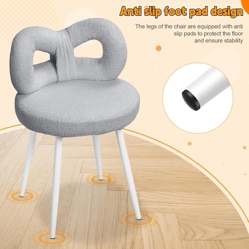 Taburete de maquillaje crema con respaldo de lazo y patas ajustables gris 6