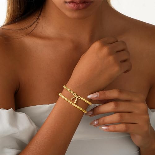 M MOOHAM Gold Beaded Bracelet for Women, 14K Gold Plated Bracelet Stack - image 5
