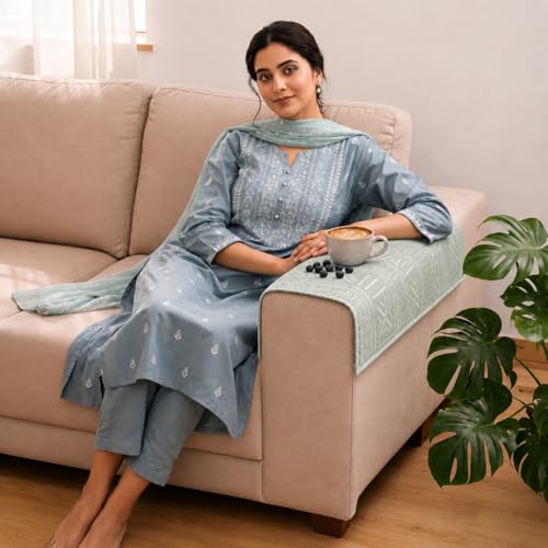 Image of STITCHNEST 'Verdant Bohemian Stories' Sofa Armrest Cover | Elegant Jacquard Fabric, Washable & Durable for Modern Living (18 x 22 Inches)