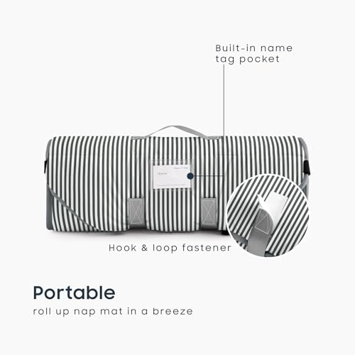 Image of Wake In Cloud - Cot Nap Mat with Pillow and Blanket, 100% Cotton Fabric, for Toddler Kids Boys Girls Ages 3 Plus in Daycare Kindergarten Preschool, Ticking Stripes