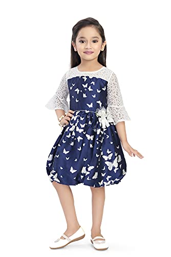 Image of Doodle Butterfly Dress for Girls | Breathable Kids Frock & Dresses | Western Frocks with Waist Band & Round Collar | Knee Length with Layered Bell Sleeves (Option Navy | Age 4 to 12 Years)