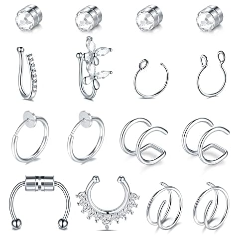 ChiMunllin Fake Nose Rings 16PCS Fake Septum Fake Nose Studs Stainless Steel Faux Piercing Nose Rings Fake Septum Rings Non Pierced Jewelry for Women Men Cover