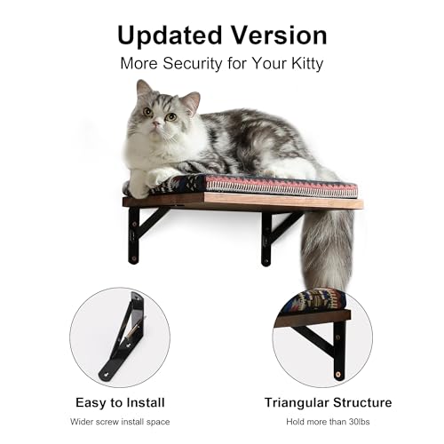 Image of FUKUMARU Cat Wall Shelves, Walls Furniture with Sisal Mat, Solid Rubber Wood Floating Shelf, Kitten Window Perch for Sleeping, Playing and Scratching (Retro Style Mat, 15.7 inch L x 10 inch W x 4.5 inch H)