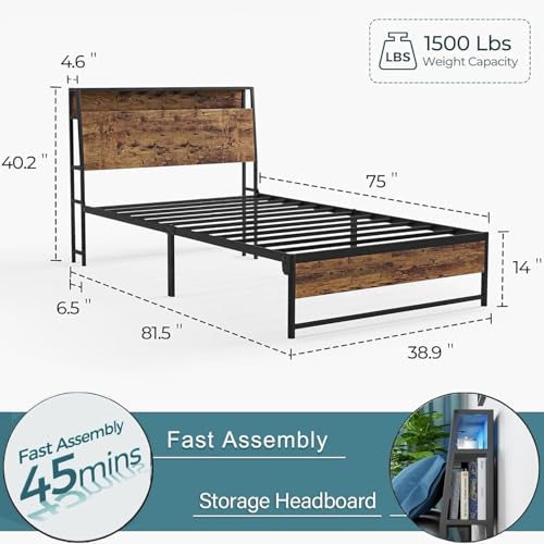 LINSY Twin Bed Frame with Ergonomic Headboard, 14 inch Fast Assembly Metal Bed with LED Lights, Outlets & USB, Kids Twin Size Bed Frame, Noise Free, No Box Spring Needed, Rustic Brown