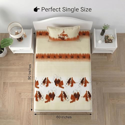 Image of Mafatlal Soft Cotton Single Bed Sheet Combo Pack of 2 with Pillow Covers | Floral Printed Bedsheets for Single Bed | Beige Brown & White Blue