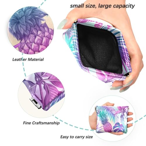Seamless Purple Blue Tropical Palm Trees Plants Pineapple Flowers Women Leather Mini Wallet Compact Clip Wallets for Cards Money Accessories Purses for Work Shopping 4.33 x 3.74 inch2