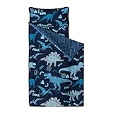 Wake In Cloud - Toddler Nap Mat with Pillow and Minky Fleece Blanket, for Kids Boys in Daycare Preschool Kindergarten, Roll Up Sleeping Bag, Jurassic Dinosaur World Sketch, Navy Blue, Standard