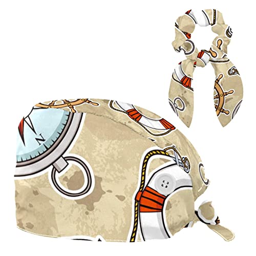 Lifebuoy Beach 2 Pack Scrub Cap Bouffant Cap Adjustable Hair Cover and Bowknot Hair Ties Hair Scrunchy