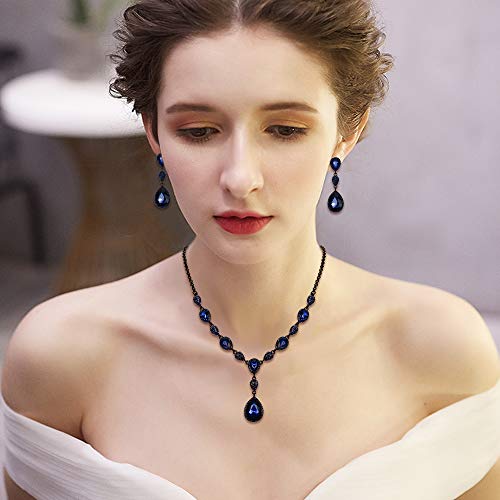 Elequeen Women's Cubic Zirconia Teardrop Y-Necklaces Dangle Earrings Sets For Brides Bridesmaids Sapphire Black-Tone #TOP1