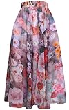 v28 Women Full/Ankle Length Flowy Elastic Retro High Waisted Long Chiffon Maxi Skirt (M,Floral Black)