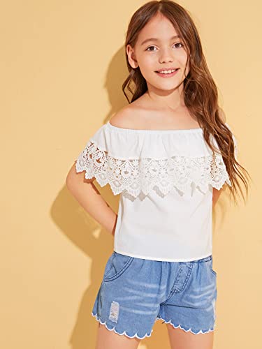 WDIRARA Girl's Off The Shoulder Ruffle Trim Lace Short Sleeve Blouse Top3