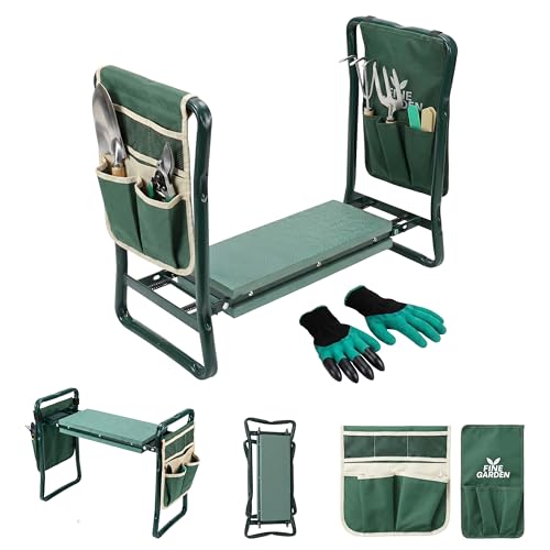FINE GARDEN 2-in-1 Garden Kneeler and Seat with Handles Foldable Gardening Stool Bench with Tool Pouch & Digging Gloves Thick Soft Pad Garden Kneeling Bench for Gardening Cleaning & Outdoor Use