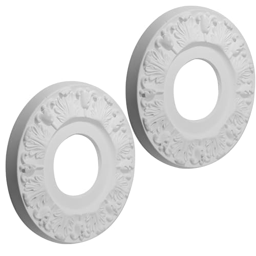 Image of Uenhoy 2 Pcs Lighting Ceiling Medallions for Light Fixtures and Ceiling Fans, 10 inch OD White Carved Flower Ceiling Cover Plate, PU Ceiling Fan Medallion 10 inch OD x 4 inch ID