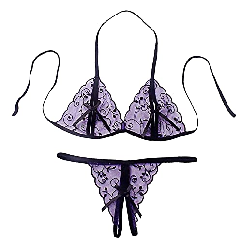 Women's 2 Piece Lace Bra and Panty Sets Mini G-String Bikini Lingerie Nightwear Sexy Lace Up Babydoll Thong Underwear (Purple,One Size)
