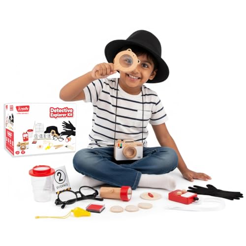 Image of Wudly Wooden Kids Detective Role Play Set - 15 Pieces Fancy Dress for Boys with Case File, Evidence Markers, Wooden Tools, and Costume Accessories, Detective Set, Costume for Kids