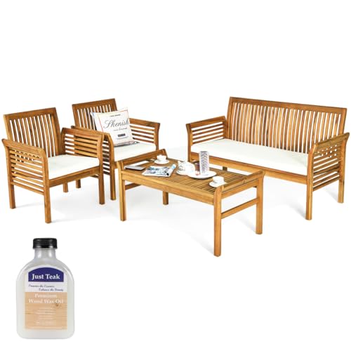 Tangkula 5 Piece Outdoor Acacia Wood Sofa Set with Wood Oil, Padded Patio Conversation Table Chair Set w/Coffee Table for Garden, Backyard, Poolside (Natural,2)