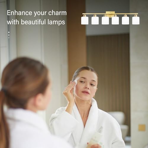 Image of 6 Light Gold Bathroom Vanity Light for Large Mirror, Gold Vanity Lights for Bathroom with Milky White Frosted Glass Shades, 38 inch Wall Lamp for Mirrors Living Room E26 Base