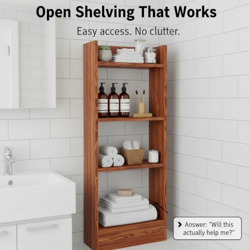 Image of FURLAY Modern Minimalist Wood Ladder Shelf - 4-Tier Open Storage Unit, Space-Saving Organizer for Bathroom, Kitchen, and Living Room (Woodland)