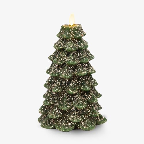 Image of Luminara Christmas Tree Flameless LED Candle, Dark Green 5.35 inch x 8.5 inch, Moving Flame Battery Operated Timer, Holiday Decor, Glitter Snow Finish Safe