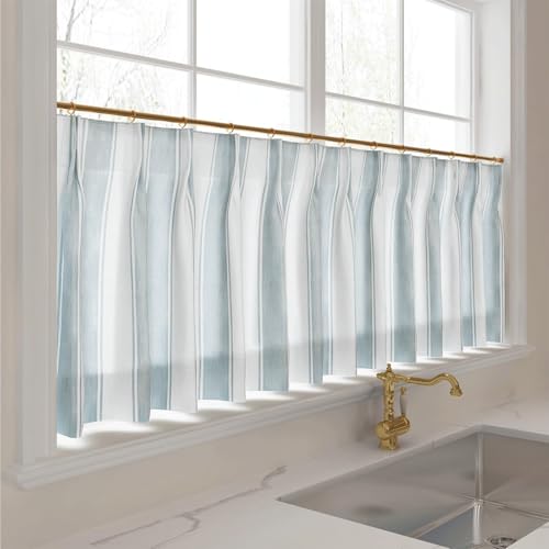 Image of TWOPAGES Pinch Pleat Cafe Curtains 18 Inch Long Wide Stripe Light Filtering Farmhouse Half Window Curtains for Bathroom (Blue Bordered Wide Bar, 26W x 18L Inches, Set of 2)