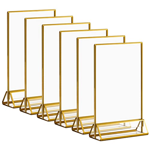 Soporte para Letreros de Acrílico 12,7x17,8cm,5x7''Marcos de Imágenes Transparentes con Bordes de oro y Soporte Vertical,Menú de la mesa de Doble cara para Números de mesa de bodas,6 Unidades