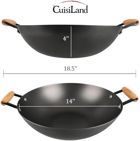 Cuisiland 14” Nitrided Cast Iron Wok – Double-Handle Skillet, Rust-Resistant, Naturally Non-Stick, Beechwood Handles, Classic Cast Iron Heat Retention for Stir-Frying