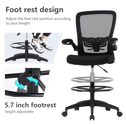 Image of BestOffice Drafting Chair Tall Office Chair Adjustable Height with Lumbar Support Flip Up Arms Footrest Mid Back Task Mesh Desk Chair Computer Chair Drafting Stool for Standing Desk (B-Black)