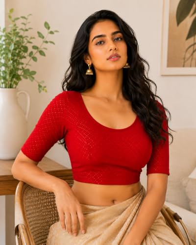 Image of Fressia Fabrics Pure Cotton 4-Way Stretch Readymade Blouse for Women | Free Size to 4XL Stretchable Round Neck Dobby Cotton Half Sleeve Readymade Saree Blouse for Women Stylish