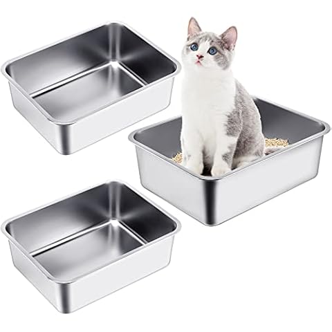 Gerrii 3 Packs Stainless Steel Litter Box, Extra Large Cat Litter Box, Metal Litter Pan with High Sides, Non Stick Smooth Surface, Easy to Clean for Cat Bunny(23.6 x 15.7 x 7.9'') Cover