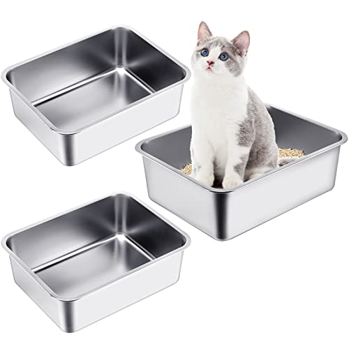 3 Packs Stainless Steel Litter Box For Cat And Bunny, 7.9 Inch Extra Large Metal Litter Box With High Sides Nonstick Litter Pan Easy To Clean Rust Proof Durable (23.6 X 15.7 X 7.9'') #TOP17