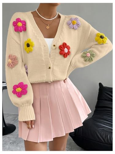 Image of SHENHE Women's Button Down Flower Cardigan V Neck Open Front Knit Crop Cardigan Sweater