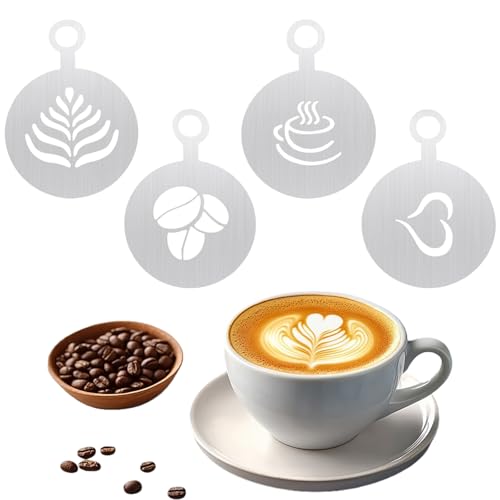 Stainless Steel Coffee Stencils 4PCS Latte Art Coffee Decorating Stencils Coffee Garland Moulds Personalised Template for Cake Coffee Decorating (Silver 4pcs A)
