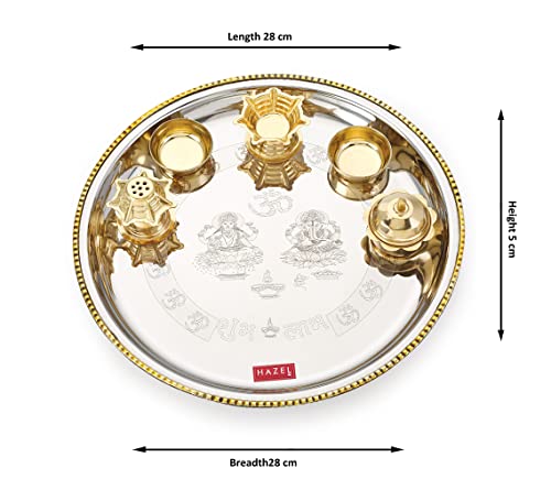 Image of HAZEL Stainless Steel Puja Pooja Aarti Thali Set | 28 cm with 1 Pc Diva | Agarbatti Incense Holder, Kumkum Wati and 2 Pcs Wati