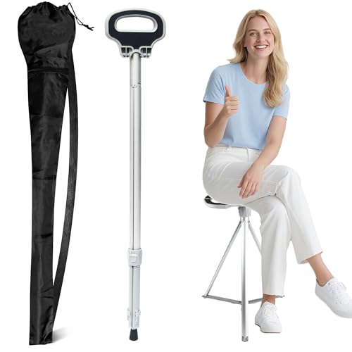 ALEVMOOM Walking Cane with Seat Folding Lightweight, 2-in-1 Cane Stool for Adults, Aluminum Walking Stick with Seat, Stick Chair Portable Stool for Senior-Silver 34 in/1.8 LBS