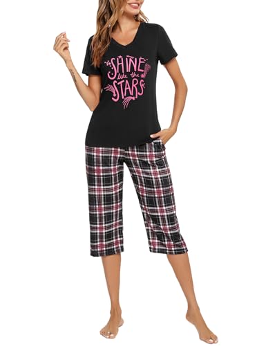 iClosam Pyjama Femme en Coton ete Ensemble de Pyjama à Carreaux VêTements de Nuit Court Doux Respirant Vêtements de Détente 2 Pièces à Manche Courte Confortable
