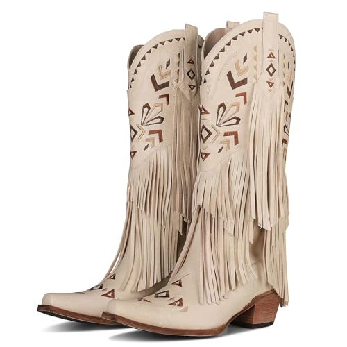 Fringe Cowgirl Boots-Square Toe Chunky Heel Cowboy Boots Wide Calf Knee High Boots Embroidered Tassel Pull on Fall Winter Western Vintage Retro Shoes for Ladies