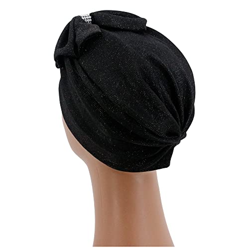Erinaco Women Rhinestone Metallic Glitter African Turban Bow Knot Pre-Tied Cap Hair Cover Bonnet Beanie Hat Headwrap #TOP4