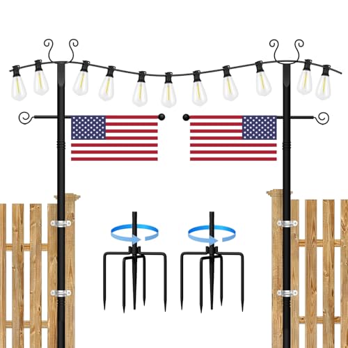 2 Pack String Light Poles - 10 Ft Patio Heavy Metal Lighting Posts, Adjustable Outdoor Stand with Fork for Backyard Deck Garden Wedding